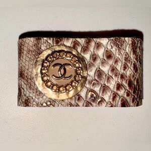 Vintage Gold Chanel button snake print leather cuff bracelet